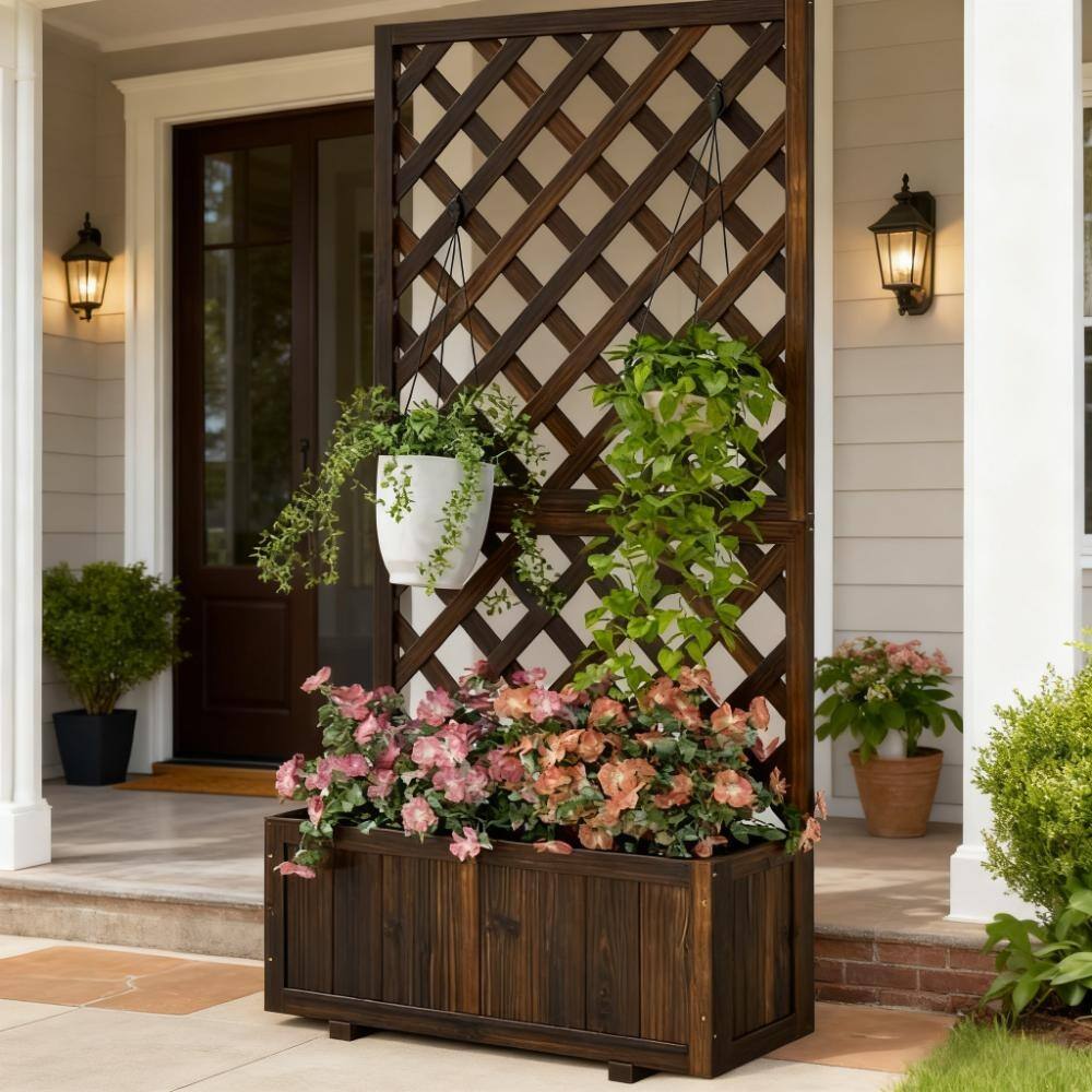 Rustic Wood Raised Garden Bed, Trellis and Drainage for Outdoor Use