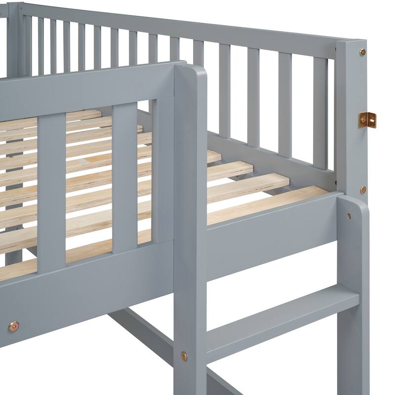 Low Loft Bed with Ladder and Slide, Solid Wood Loft Bed Frame with Full-Length Guardrail for Boys or Girls, No Box Spring Needed