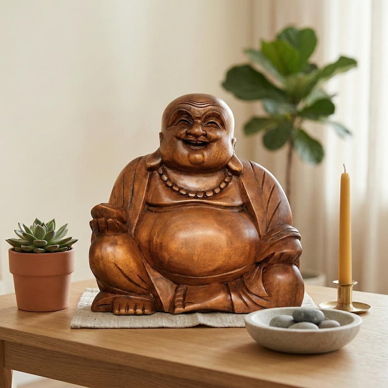 Wooden Laughing Happy Buddha Statue Hand Carved Smiling Sitting Sculpture Handmade Figurine Decorative Home Decor Handcrafted