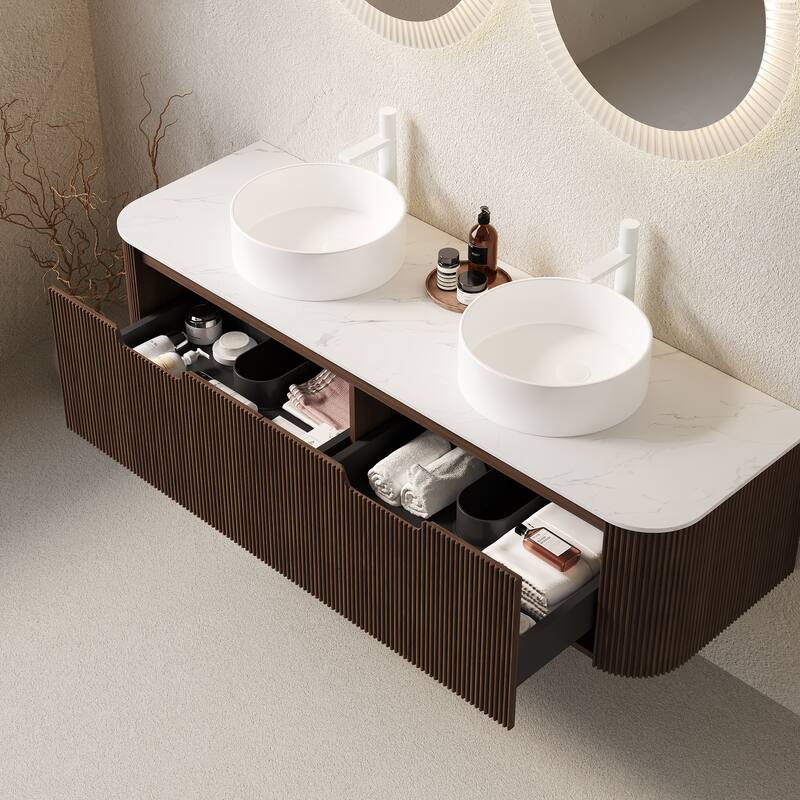 GDFStudio - Dina 60" Floating Bathroom Vanity with Striped Curved Drawers & 2 White Round Ceramic Basins, WITHOUT Faucet - Dark Walnut