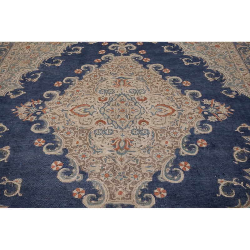 Blue Tabriz Persian Vintage Area Rug Handmade Wool Carpet - 9'9" x 12'9"