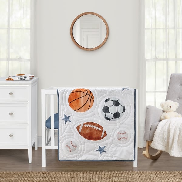 slide 2 of 6, Sweet Jojo Designs Sports Theme Boy 3p Mini Crib Bedding Set Watercolor Soccer Balls Football Baseball Basketball Blue Stars
