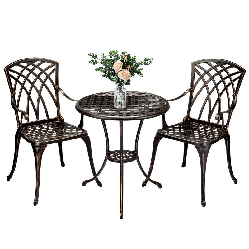 3-Piece Bistro Set Table Outdoor, Cast Aluminum Bistro Set Two Chairs,Lightweight Maintenance Free Outdoor Seating - Brown