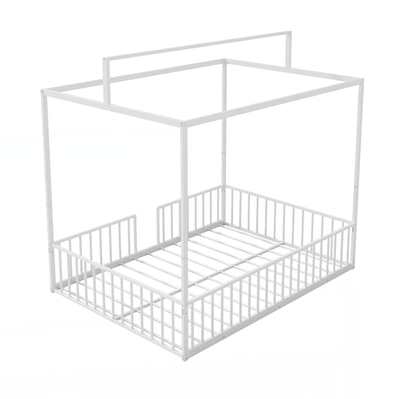 3-in-1 Convertible Montessori Metal floor bed,Modern Minimalist Design Canopy Platform Bed Funland