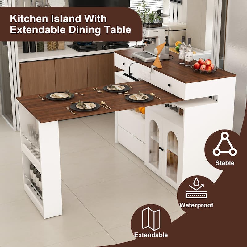 Roomfitters Kitchen Island with Rotating Extendable Table, Mobile Dining Station with Storage and Built-in Power Outlet