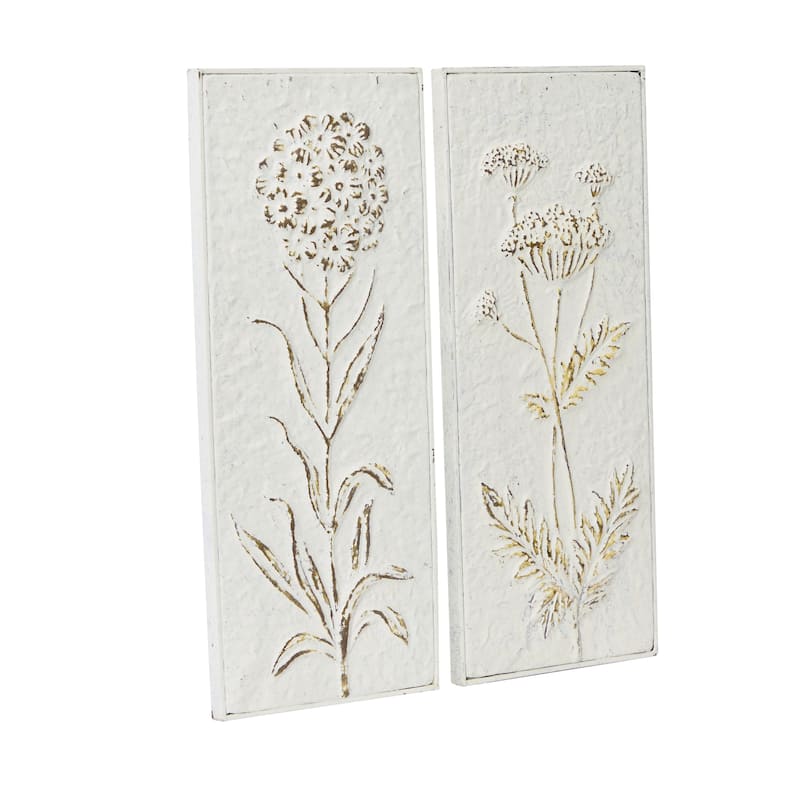 Metal Floral Relief Home Wall Decor with Gold Detailing - Set of 2 White - Roche River Decor