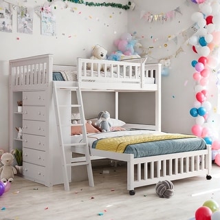 Wooden Twin Over Full Bunk Bed with Six Drawers, Shelves,Rolling Bottom Bed,Twin Size Upper Bunk, Full Size Bottom Bunk