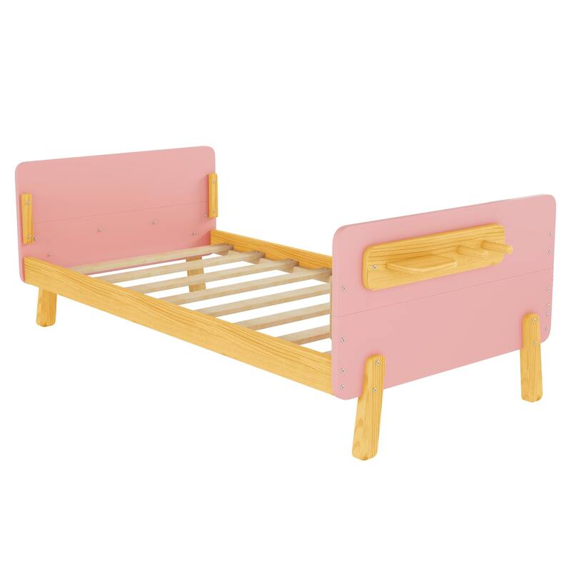 Kids Wood Platform Bed with Guardrails, Bottle Holder and 2 Hanging Rod, Convertible Toddler Daybed, Low Profile Design Frame