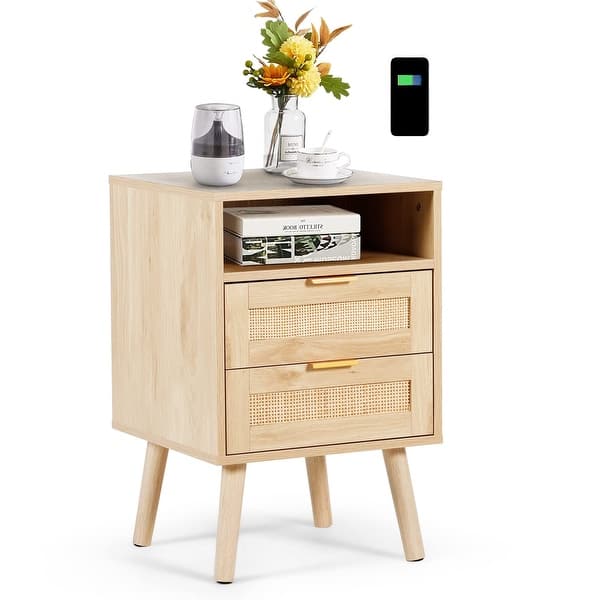 Rattan Nightstand with Wireless Charging Station Modern Bedside Tables