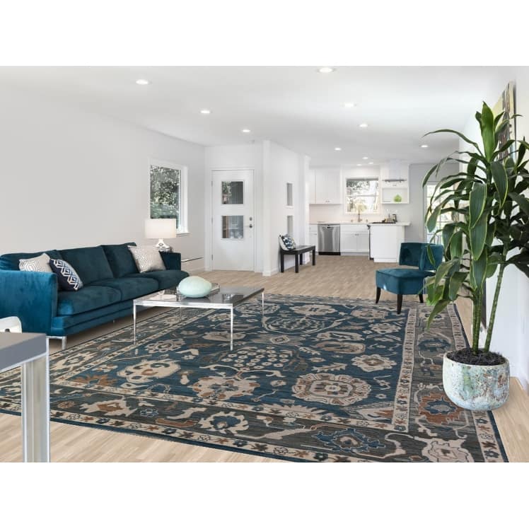 Hand Knotted Oriental 100% Wool Carpet Transitional All-Over Navy Blue & Blues Oushak Area Rug - 12' 4'' X 8' 11''