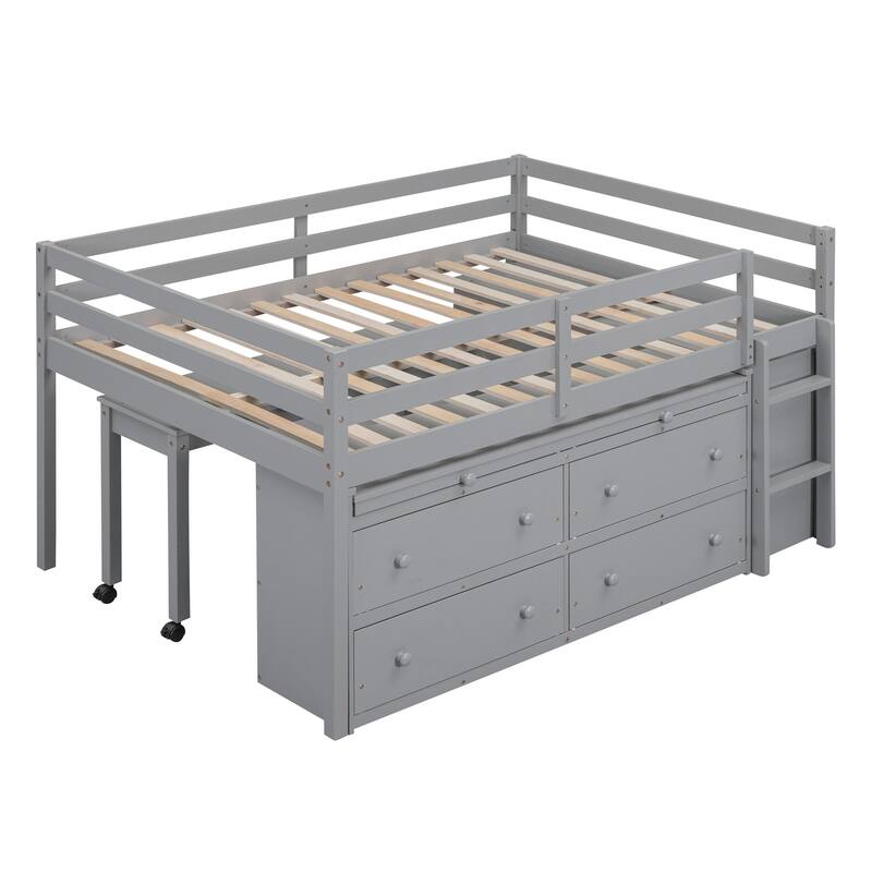 Full Size Loft Bed with Retractable Writing Desk and 4 Drawers, Wooden Loft Bed with Lateral Portable Desk and Shelves