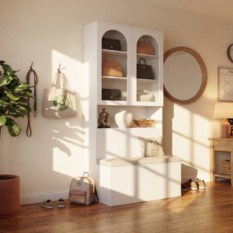 Entryway Cabinet Tempered Glass DoorsStorage Bench with Cushion, Modern Mudroom Hall Tree Organizer with Hidden Storage