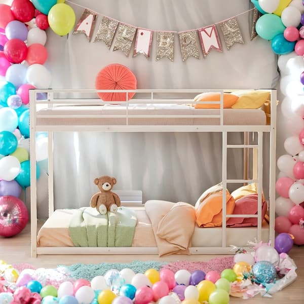 slide 2 of 35, Modern Convenient Design Twin Over Twin Metal Bunk Bed,Low Bunk Bed With Ladder, White