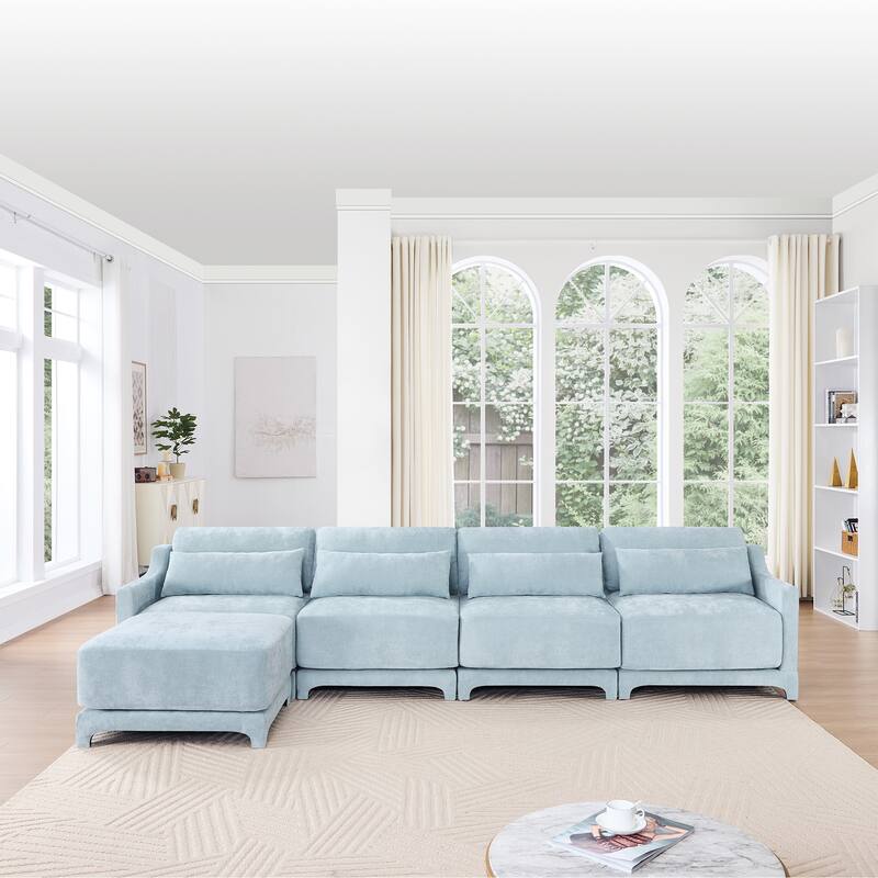 Modern Chenille 4-Seater Sofa with 2 Ottoman, Lumbar Cushions, Ergonomic Backrest, High-Resilience Spongeand Tufted Armrests