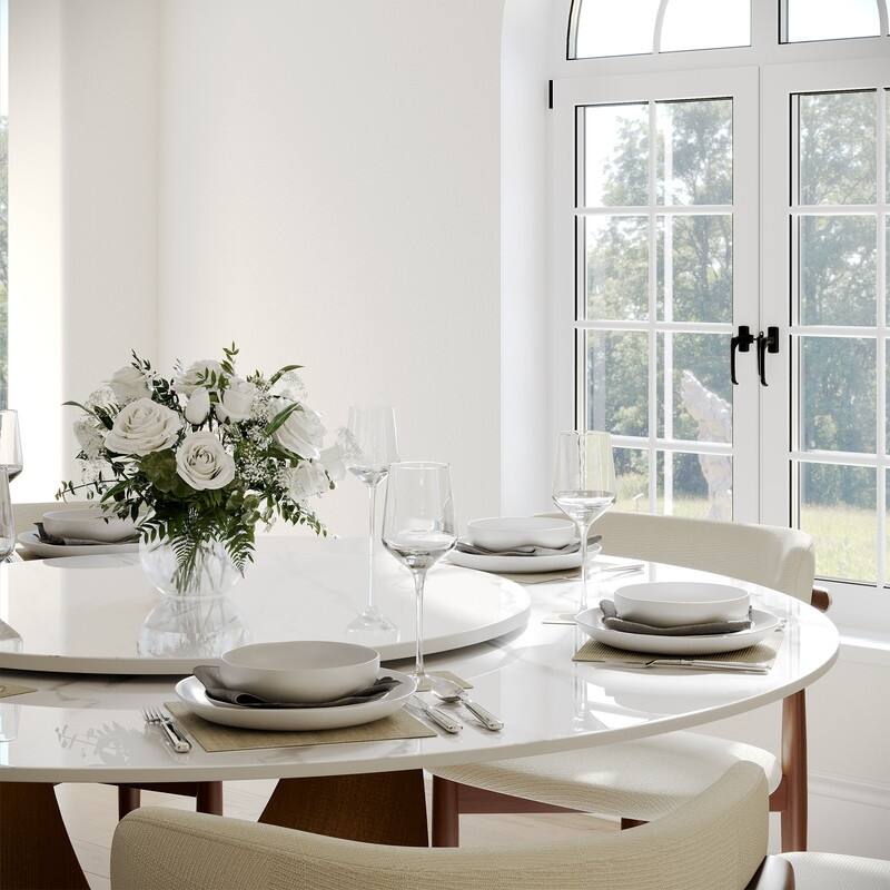 Modern Round Dining Table for Diningroom，White Glossy Stone Tabletop,Bronze Carbon Pedestal