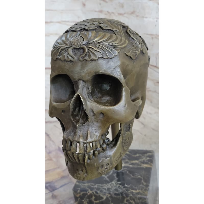 Dios De Los Muertes Day Of The Dead Decorative Bronze Metal Skull Sculpture Statue Marble Base 14 Inches X 10 Inches