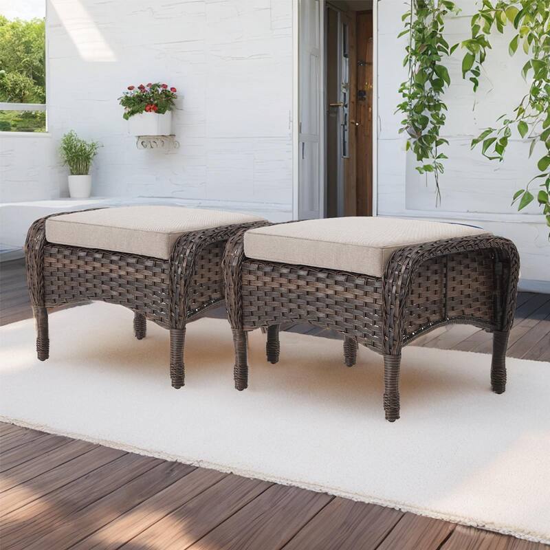 Gymojoy 2-Piece Rattan Patio Ottoman Seat - Beige