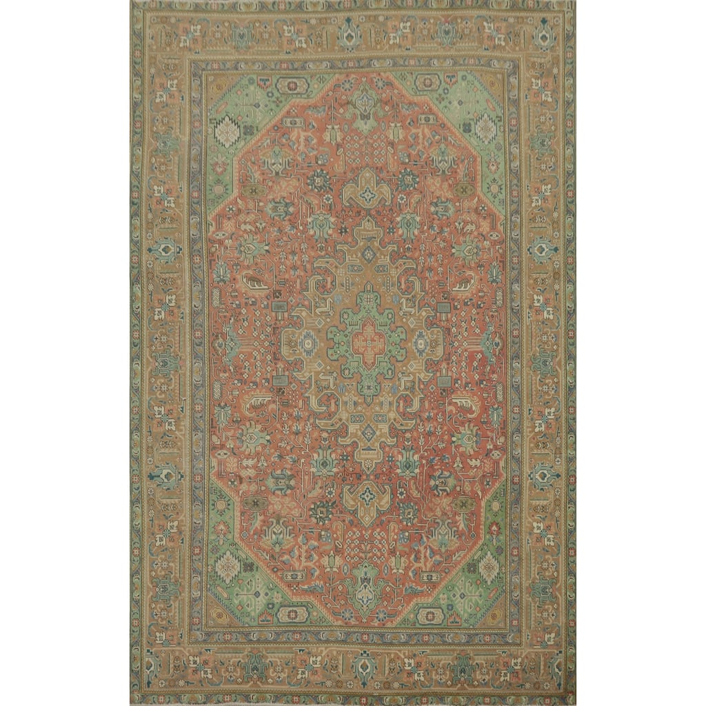 Hand Knotted Oriental 100% Wool Carpet Traditional Medallion Peach Tabriz Area Rug - 9' 5'' X 6' 5''