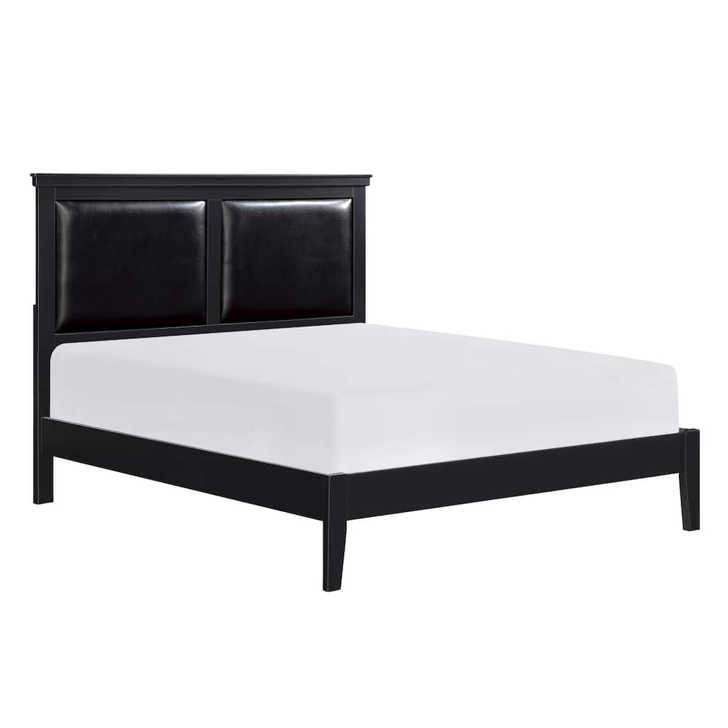Queen Size Wood Panel Bed with Faux Leather Headboard and Footboard