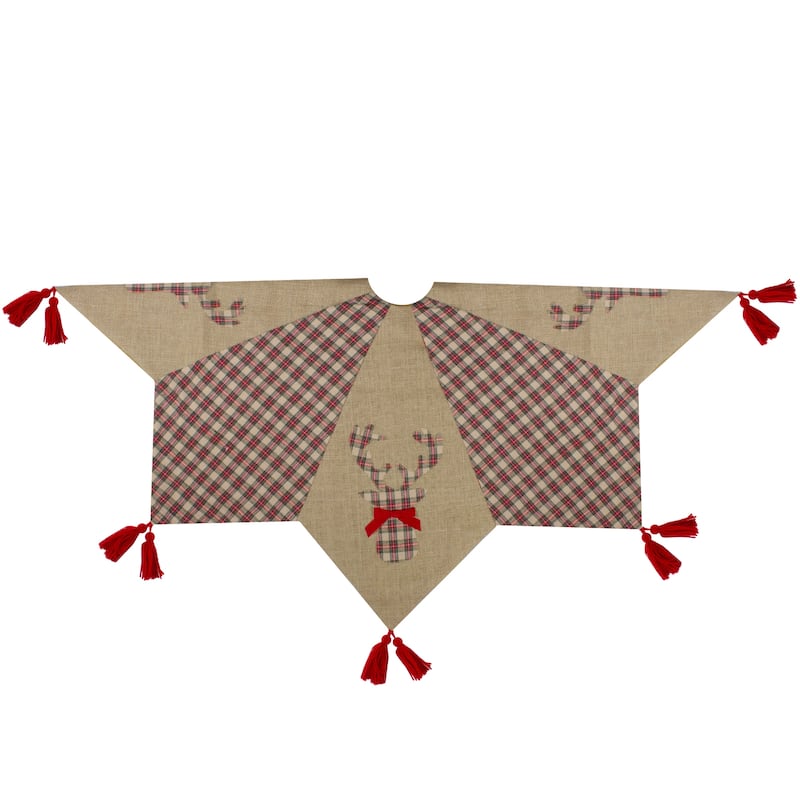 48" Red and Brown Burlap and Plaid Reindeer Christmas Tree Skirt with Tassels - 48