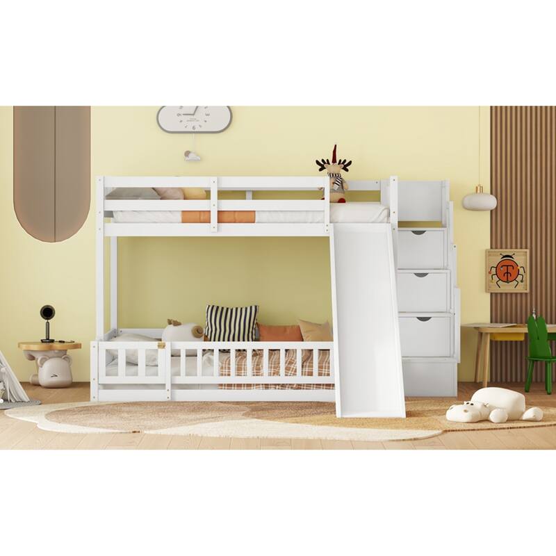 Roomfitters Twin Over Full Bunk Bed with Slide and Storage Staircase, Solid Pine Wood Bunk Bed with Guardrails