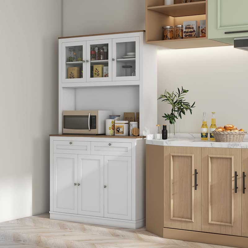 Tall Kitchen Pantry Storage Cabinet with Glass Doors and Adjustable Shelves, Buffet Cabinet with Countertop