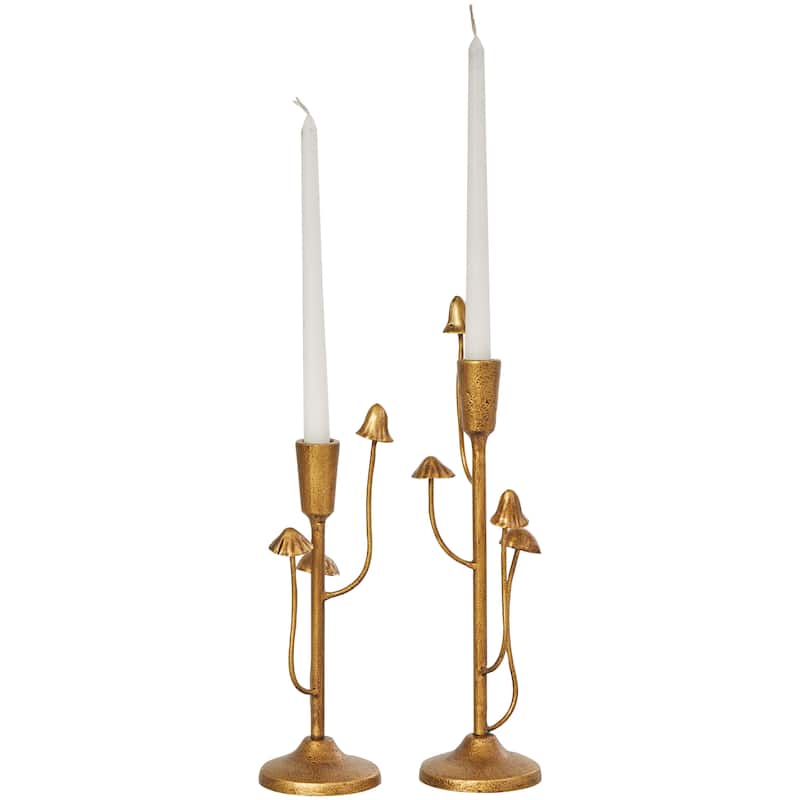 Metal Abstract Mushroom Inspired Candle Holder - Set of 2 Gold - Roche River Decor - 3"W x 4"L x 11"H