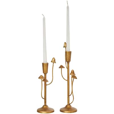 Metal Abstract Mushroom Inspired Candle Holder - Set of 2 Gold - Roche River Decor - 3"W x 4"L x 11"H
