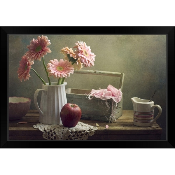 "Still life with pink gerberas and red apple on table." Black Framed Print