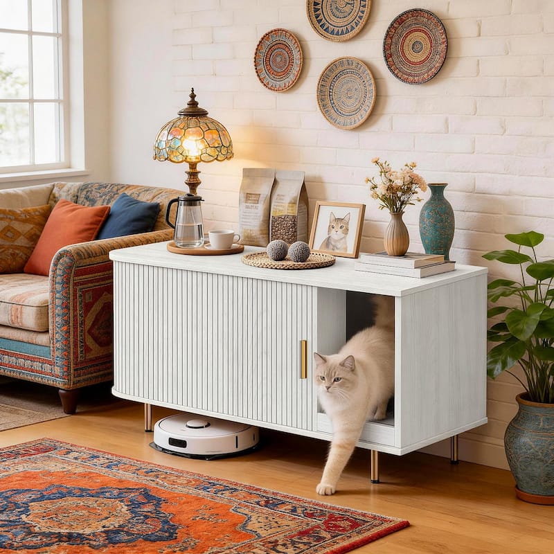 38.5" Cat Litter Box Enclosure with Scratch Pad and Sliding Door,Cat Hidden Litter Box Cabinet,Modern Indoor Cat House,TV Stand