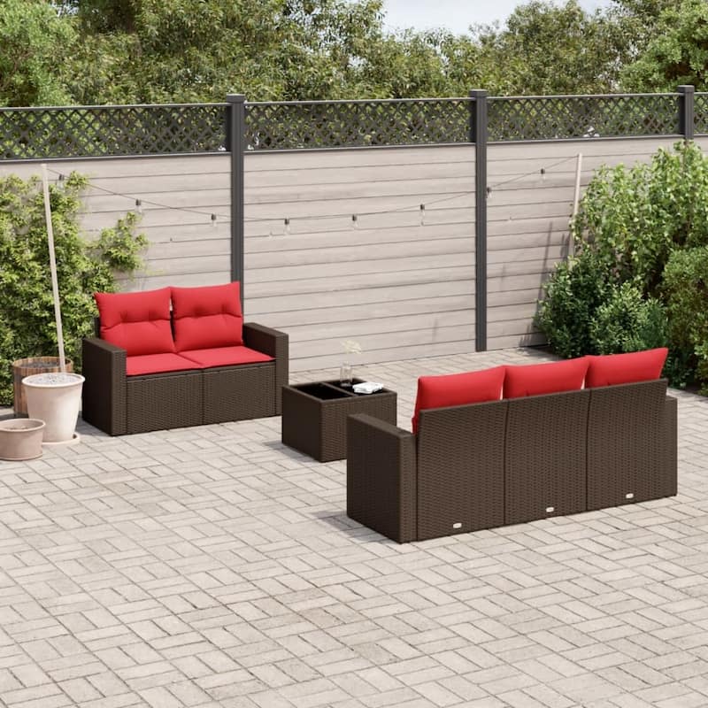 vidaXL Patio Sofa Set with Cushions Outdoor Furniture 6 Piece Poly Rattan - 25.8" x 24.4" x 27.2" - Brown and red