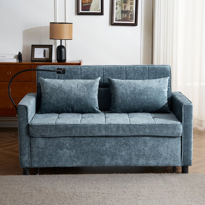 Convertible Sofa Bed with USB Ports & Phone Holder, Upholstery Sleeper Loveseat with Adjustable Backrest, Sofa Couch - Blue