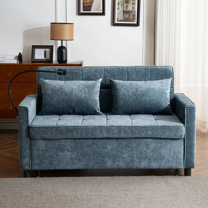 Roomfitters Loveseat Pull-Out Sofa Bed with Reversible Backrest Cushion, Side Pockets, USB Ports, and Phone Holder