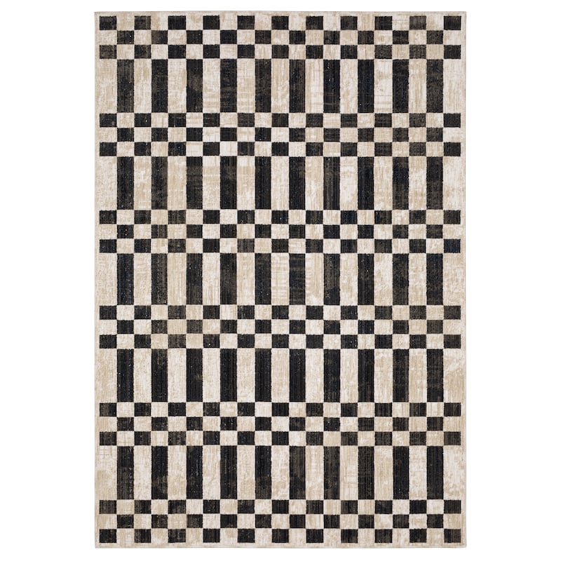 Hansel Blocks and Stripes Beige/ Black Area Rug