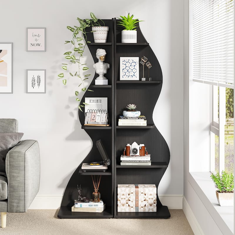 Corner Shelf Bookcase Bookshelf with Unique Shape for Living Room, Home Office - 2PC - Black