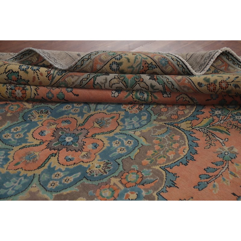 Hand Knotted Oriental 100% Wool Carpet Traditional Geometric Coral Tabriz Area Rug - 12' 7'' X 9' 7''