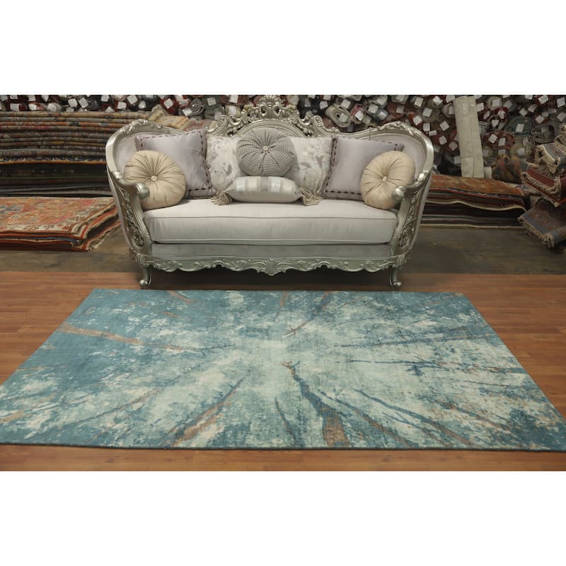 Hand-knotted Modern Silk Blue Abstract Oriental Area Rug - 7' 11'' X 4' 11''