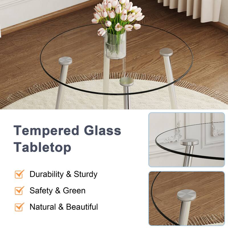 5-Piece 36" Round Glass Dining Table Set, Tempered Glass Table with Metal Legs and 4 PU Leather Chairs for Kitchen, Dining Room