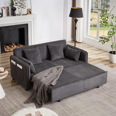 3-in-1 Pull Out Sleeper Sofa Bed, Convertible Corduroy Loveseat Couch with Casters, 4 Pillows and Side Pockets for Living Room