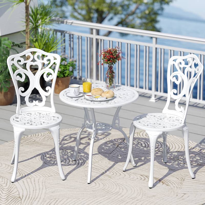 3 Piece White Cast Aluminum Patio Bistro Set with Umbrella Hole and Patterned Chairs - Chair: 20" × 16" × 34"