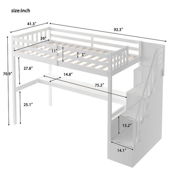 dimension image slide 0 of 2, Twin Size Loft Bed with Storage Staircase & Study Desk, Vintage side Rail, Solid Wood Slats Support, Rustic style for Bedroom