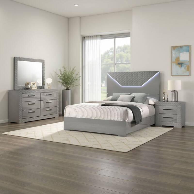 Ivon 4pc Queen Bedroom Set, Diamond Embossed, Gray High Gloss, LED