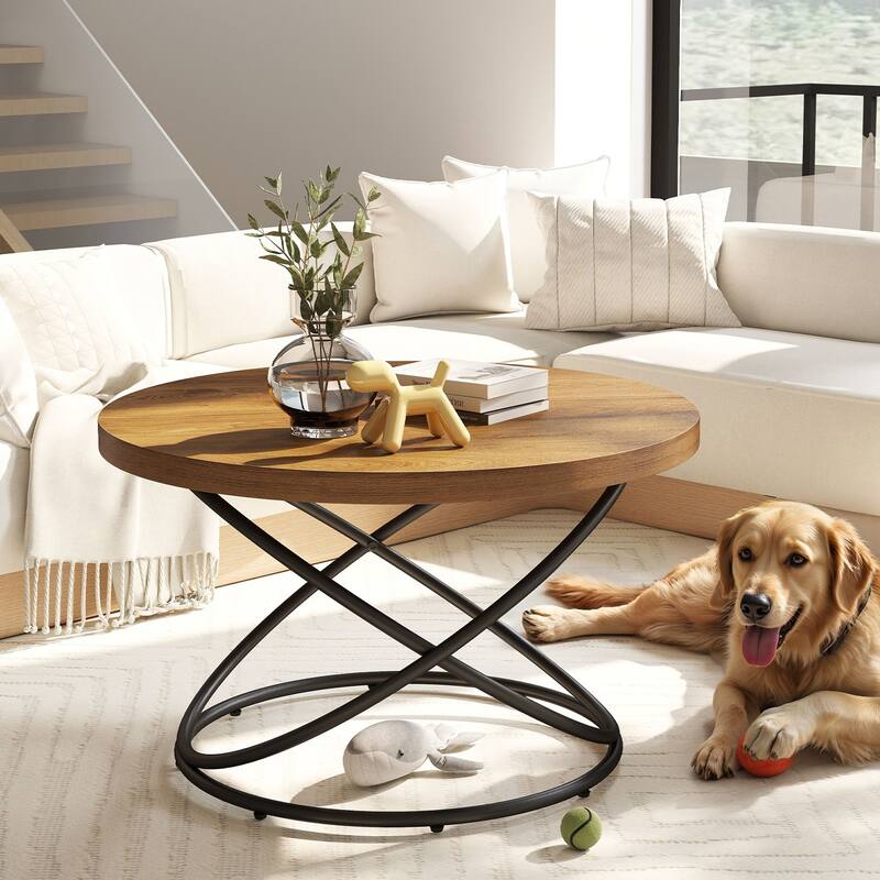 Tempered Glass Top Round Coffee Table with Metal Base