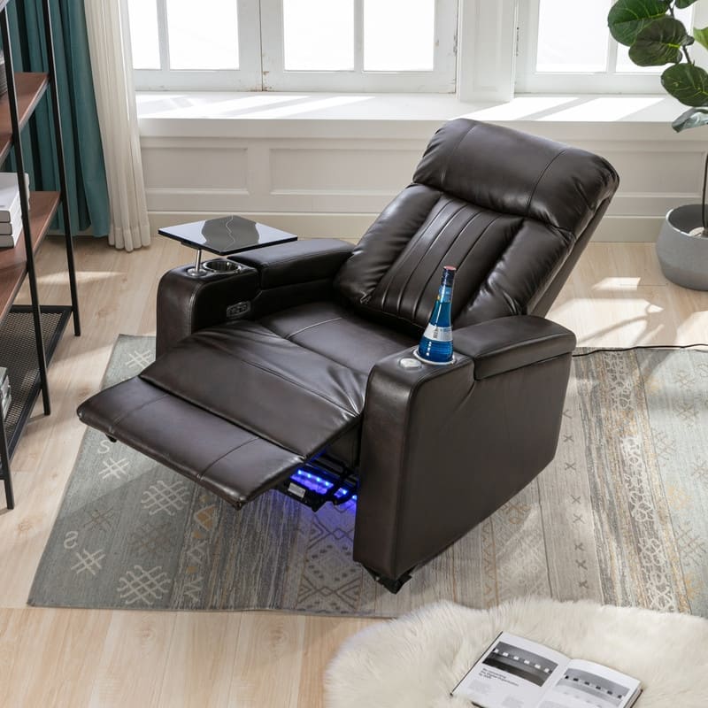 Power Motion Recliner with Hidden Arm Storage, LED Light Strip, 2 Cup Holders, 360 Swivel Tray Table and Cell Phone Holder