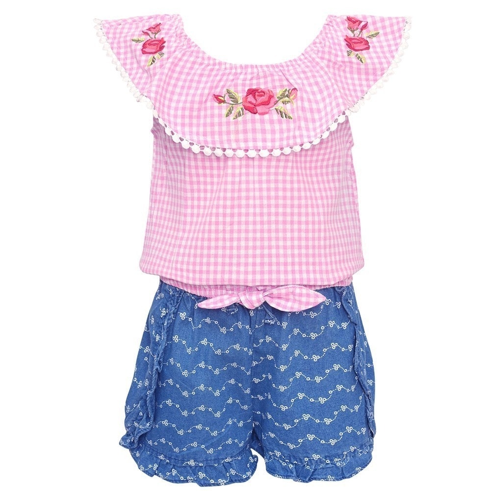 Shop My Destiny Little Girls Pink Checkered Rose Embroidery 2 Pc