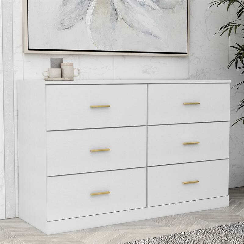 White 6-Drawer Dresser, Ample Storage Wide Chest of Drawers, Sturdy