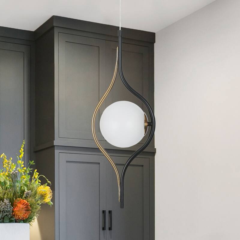 Modern Contemporary 1-Light Black Gold Kitchen Island LED Pendant Lights with Frosted Glass - 6.5" L x 5.5" W x 20" H