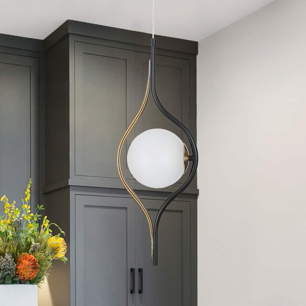 Modern Contemporary 1-Light Black Gold Kitchen Island LED Pendant Lights with Frosted Glass - 6.5" L x 5.5" W x 20" H