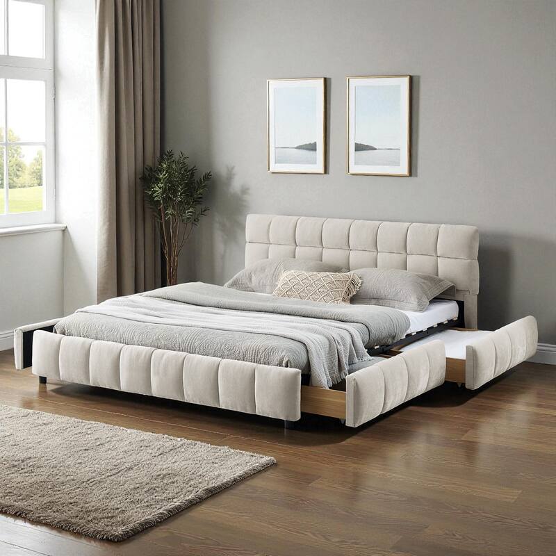 Queen Upholstered Platform Bed with Chenille Fabric, Soft Headboard & Underbed Storage Drawer, Solid Bed Frame