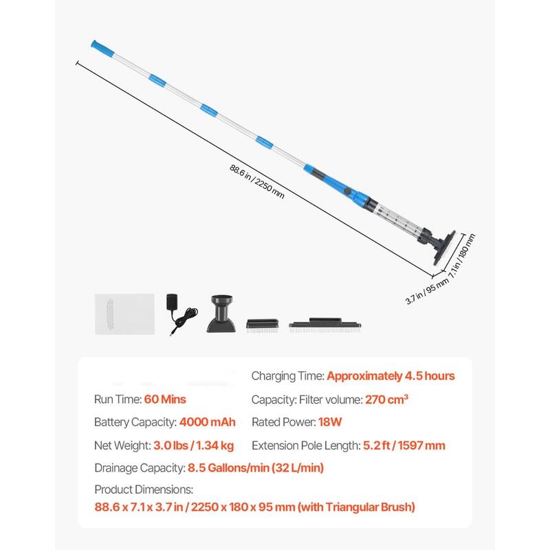 Pool Vacuum, 8.5 GPM Handheld Cordless Hot Tub Vacuum with Extension Pole for Deep Cleaning & Strong Suction, Rechargeable